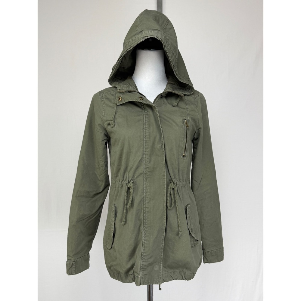 Ambiance Women 100% Cotton Utility Jacket Small Olive Green Hooded Drawstring